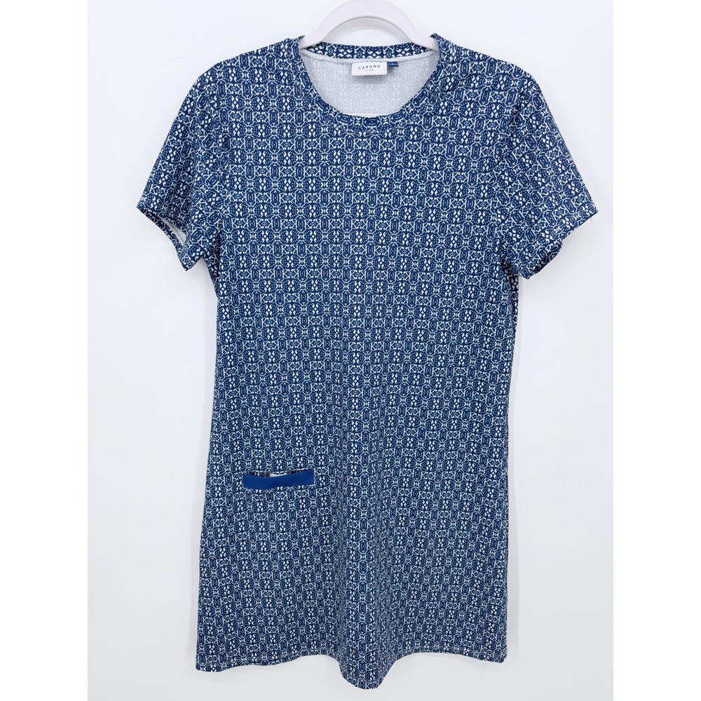 Cabana Life UPF50 Dress Womens Small Blue White Geometric Short Sleeve Pocket